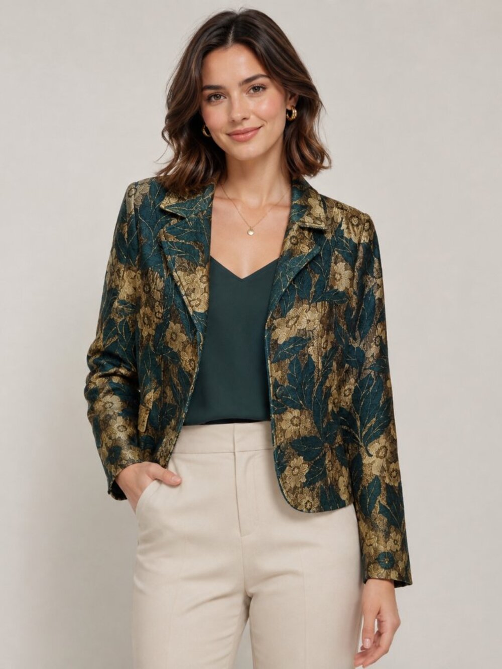 Erin London Size L Teal Gold Floral Brocade Jacquard Blazer Jacket